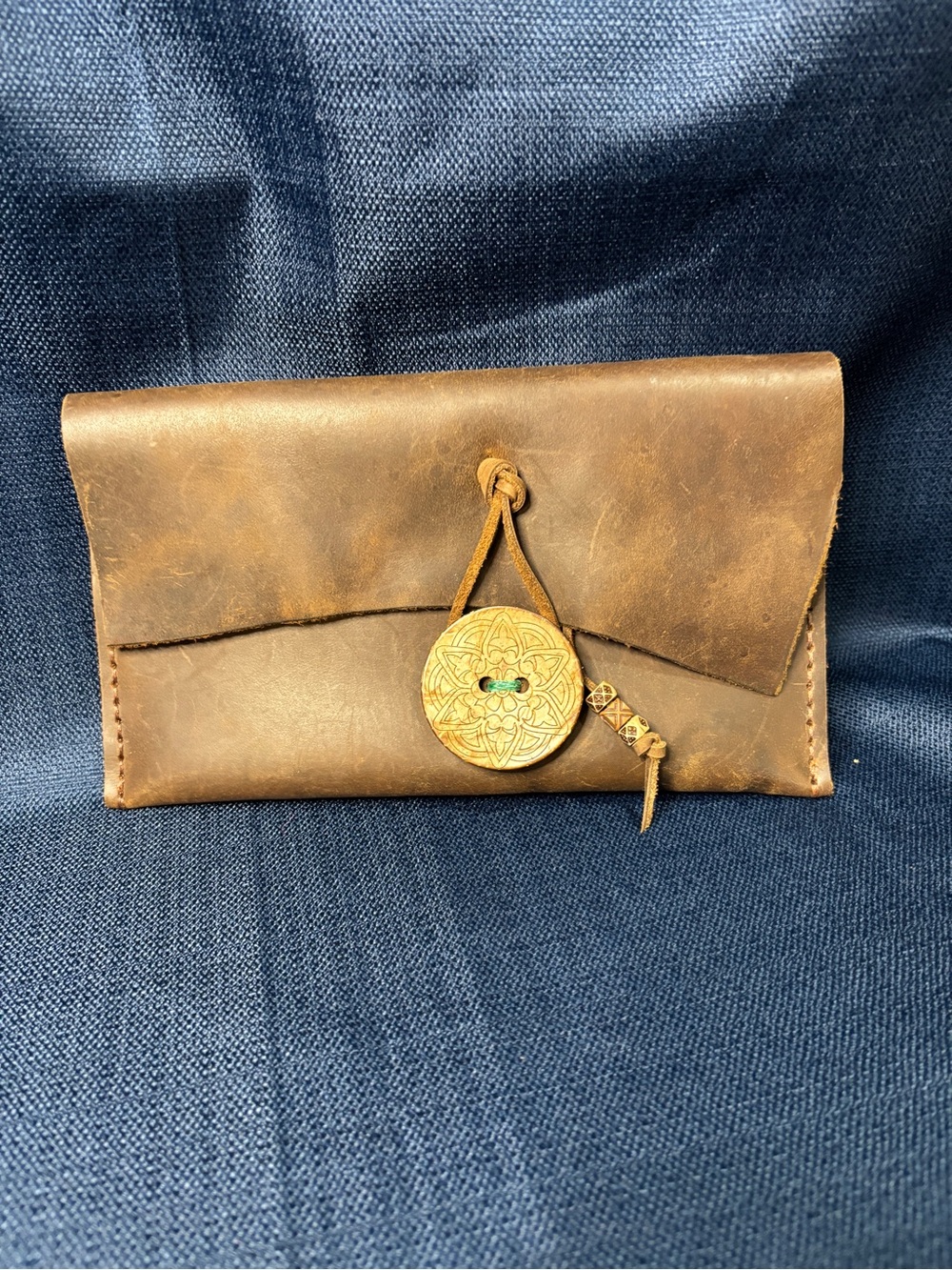 Handmade Distressed Brown Leather Envelope Clutch with Brass Accent